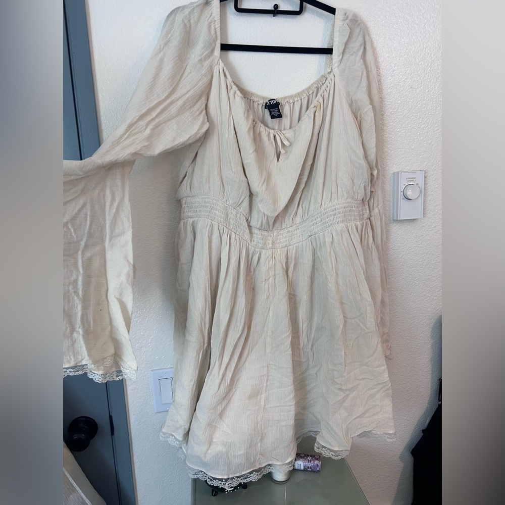 gauzey bell sleeve off white mini dress.